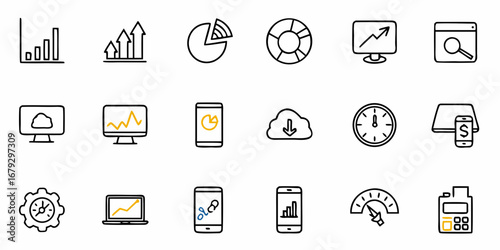 Modern line art icons showcasing key performance indicators, data analytics, and business growth strategies in a minimalist design style