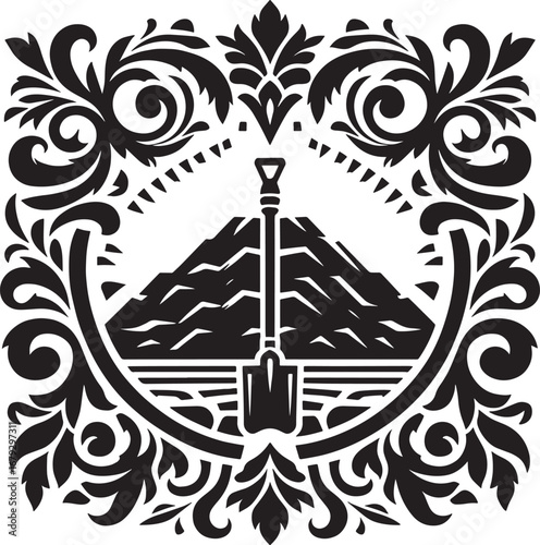 Intricate Black and White Vector Illustration of a Shovel and Mountain within a Decorative Frame
