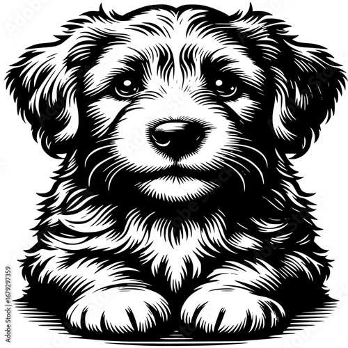 A cute, purebred Australian Shepherd puppy with black, white, and brown fur sits isolated on a white background