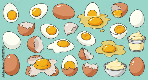Cartoon eggs seamless pattern featuring whole, cracked, boiled, and fried eggs
