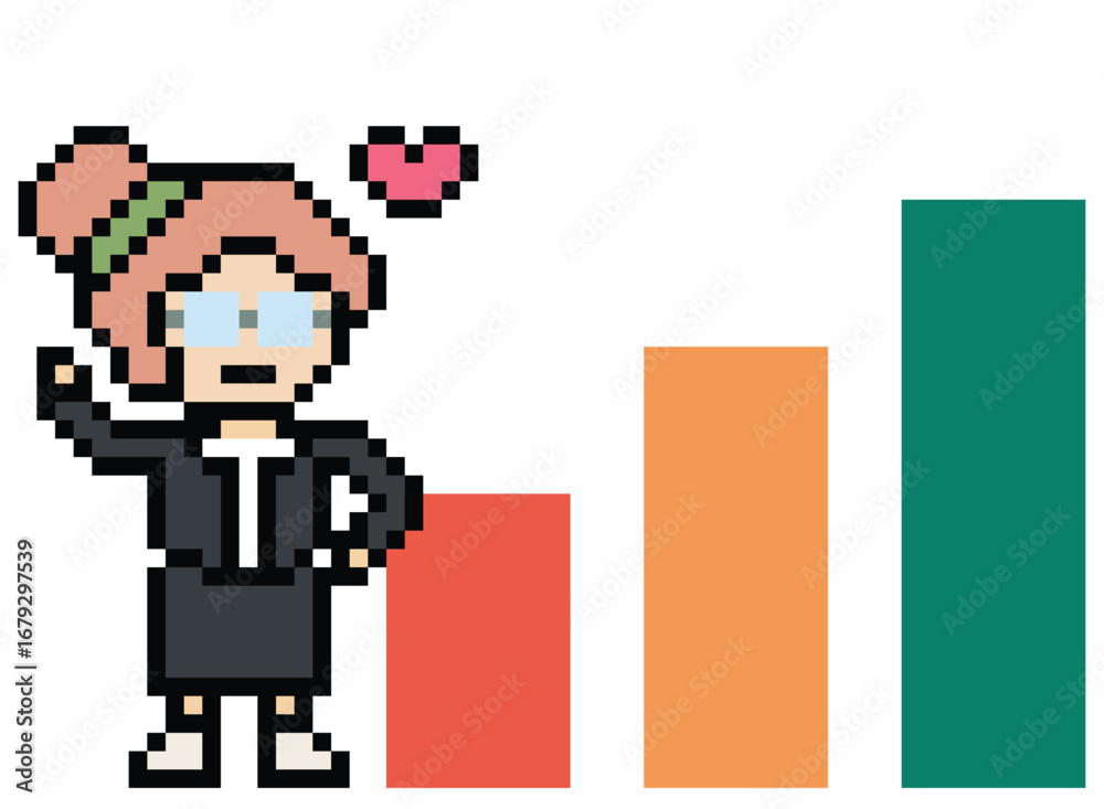 Fototapeta premium Cartoon cute pixel art cartoon 8bit character business woman businesswoman smart work graph decoration business 8 bit female success character office work game png vector.