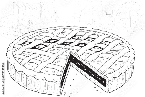 Whimsical linzer torte illustration with idyllic countryside bac