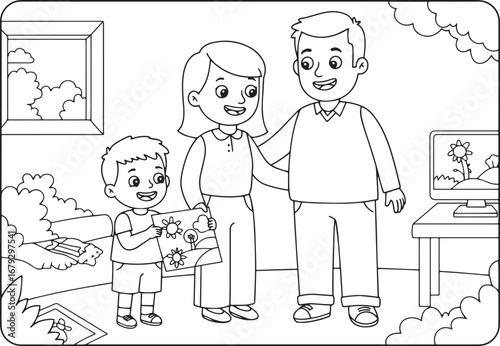 Delightful family moment: Child proudly presents drawing to pare