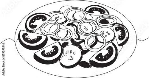 Minimalist line art illustration of Bulgarian Shopska Salad with