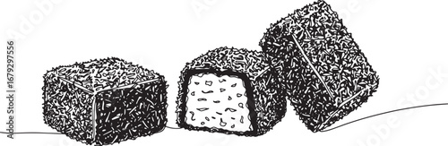 Monochrome line art illustration of lamingtons on a plain backgr