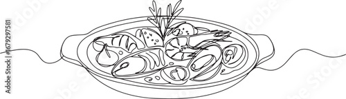Elegant single line drawing of a delectable bouillabaisse seafoo