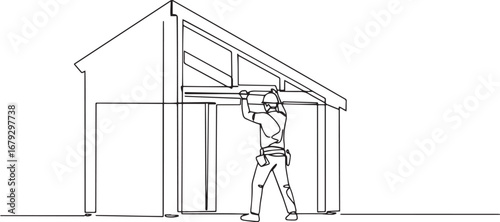 Continuous Line Art: Construction Worker Building a Shed, simple