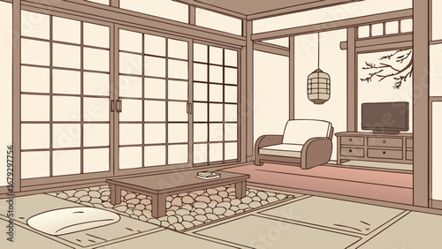 Illustration of a japanese style living room with sliding doors and traditional furniture pieces