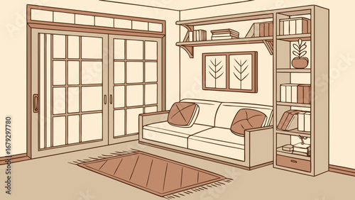 Illustration of a living room with a sliding door, sofa, bookshelf, and a rug on the floor space