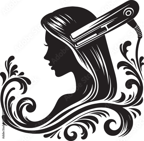 Elegant Silhouette of a Woman with Straightened Hair and Decorative Floral Elements