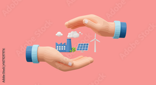 Protecting the environment: hands cradling renewable energy sources and factory