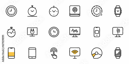 Hand Drawn Time Management Icons with Phones and Smartwatches, Perfect for Productivity Apps and Website Design Projects, Fresh and Modern Style