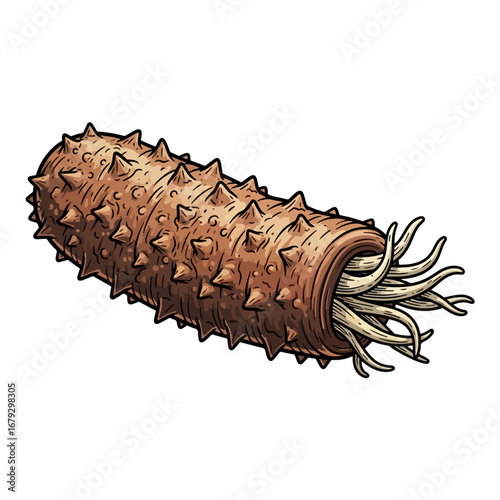 Spiky sea cucumber illustration with tentacles emerging from its body on white background