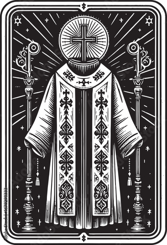Detailed illustration of a religious cleric's vestments, featuring cross, keys, and decorative