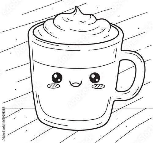 Cute cartoon macchiato illustration with happy face on wood back