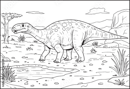Detailed black and white illustration of a dinosaur walking in i