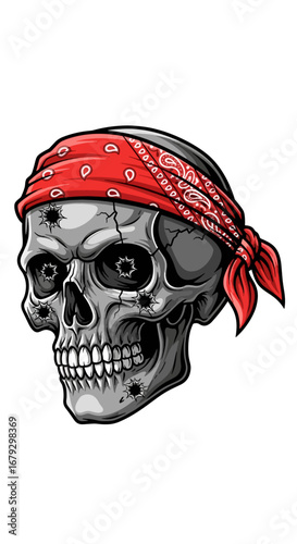 Edgy skull with bandana and bullet holes, a bold statement for rebel style and edgy graphics