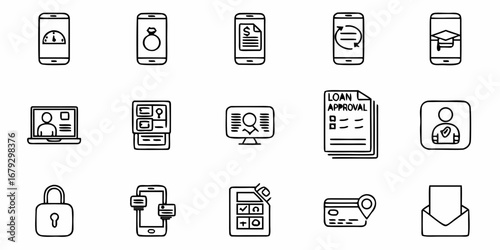 Digitally connected finance icons collection for financial services and mobile banking applications, streamlined access and enhanced security