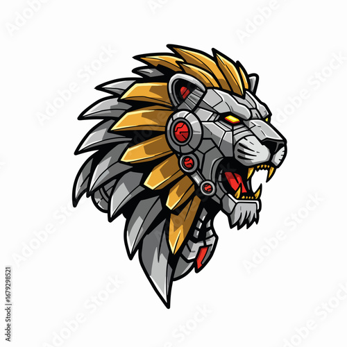 Powerful robotic lion head roaring with fierce metallic mane, embodying strength and technology
