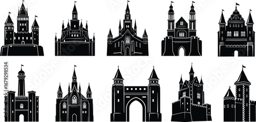 Silhouette vector set of medieval castles and fantasy fortresses, fairy tale architecture icons, gothic royal palace design, isolated illustrations
