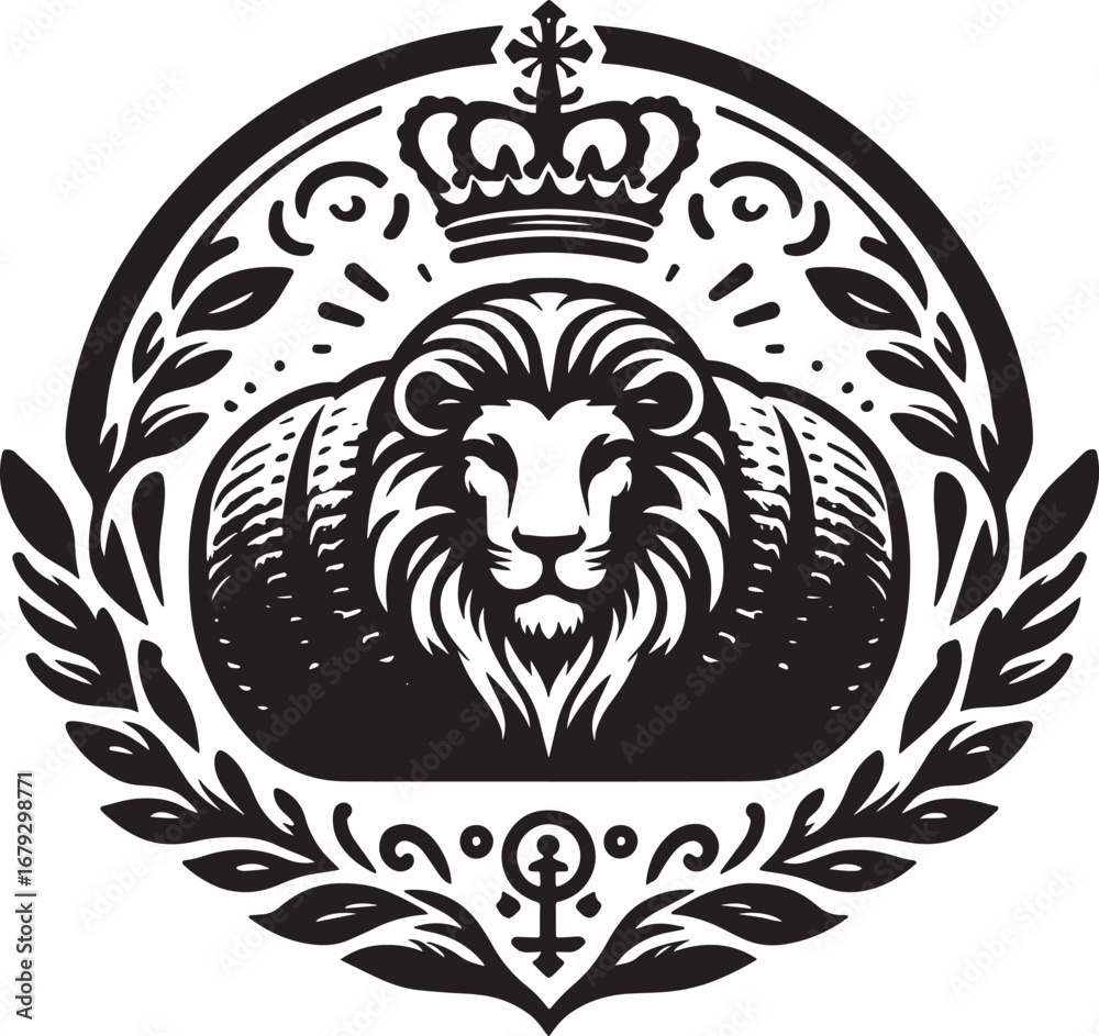 Obraz premium Intricate Black and White Lion Crest Design Featuring a Crown and Decorative Elements