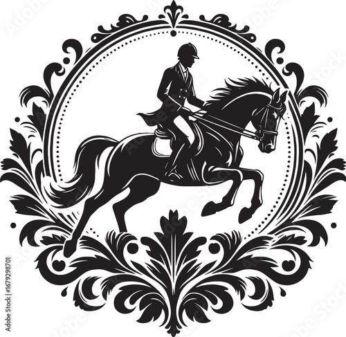 Elegant Equestrian Silhouette: Horse and Rider within a Decorative Floral Frame Design