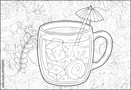 Intricate detailed coloring page featuring a refreshing iced dri