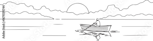 Solitude journey: A lone rower embracing the sunset in peaceful
