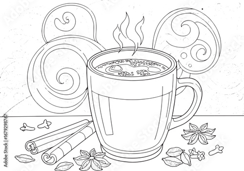 Intricate line art illustration of a steaming masala chai cup wi