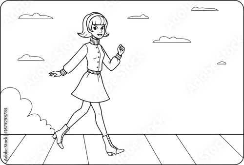 Charming sixties mod girl walking graphic illustration with clou