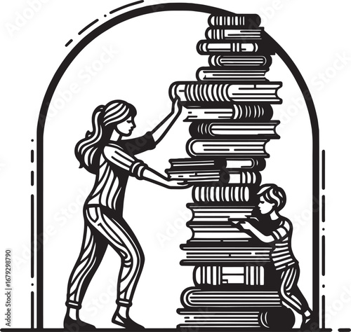 Illustration of a mother and child arranging a towering stack of books in a simple design