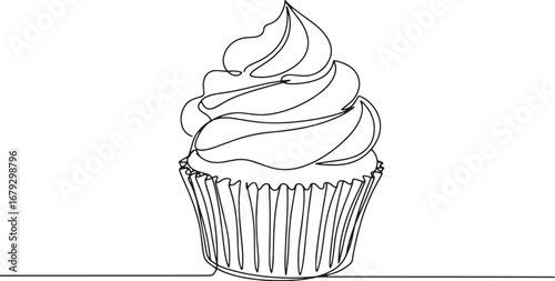 Elegant single line drawing of a delectable cupcake on a white b