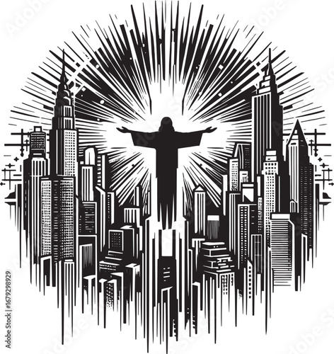 A Symbolic Representation of Christ Radiating Over a Metropolis, Black and White Design