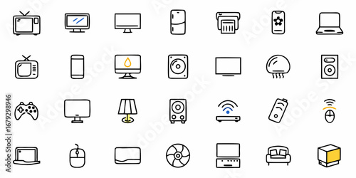 Modern line art icon set of home electronics, media, and furniture offers clean, contemporary style for website designs and app interfaces