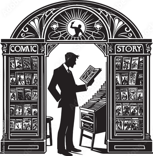 Illustration of a man reading comic books in a stylized comic book store, black and white