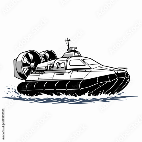 Powerful hovercraft navigates choppy water with dual fans creating dynamic spray and motion