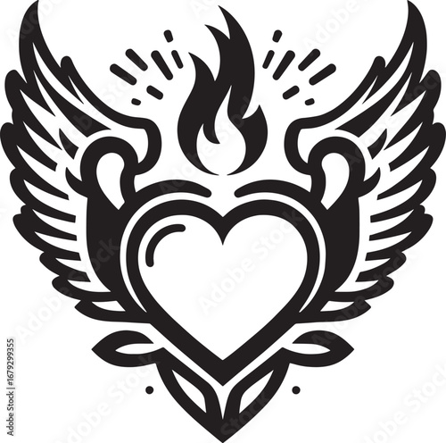 Illustration of a stylized heart with wings and flames in black and white design