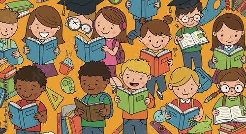 Diverse group of cartoon children happily reading books in a vibrant education setting