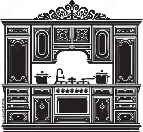 Elegant Black and White Kitchen Illustration Featuring Classic Cabinetry and Culinary Elements