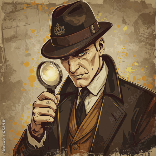 Vintage grunge vector of detective in suit with bowler hat and glowing magnifying glass