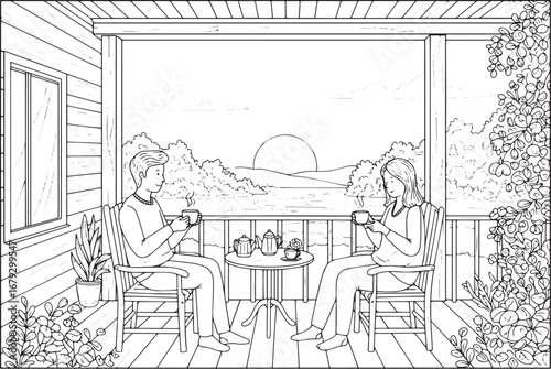 Serene morning tea on the porch overlooking scenic landscape col