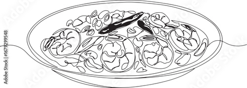 Elegant single-line drawing of kung pao shrimp, showcasing moder