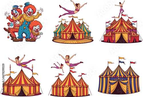 Circus clowns performing, colorful big top tents, acrobats flying, circus show entertainment, carnival event, festive celebration, circus art illustrations