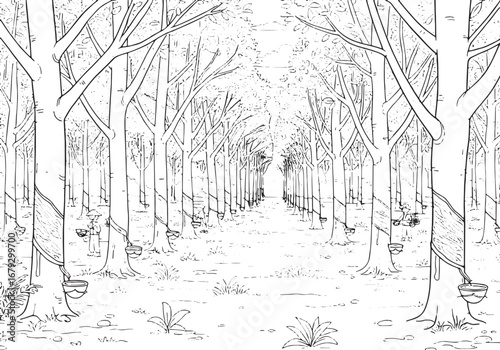 Serene monochrome illustration of a rubber tree plantation lands