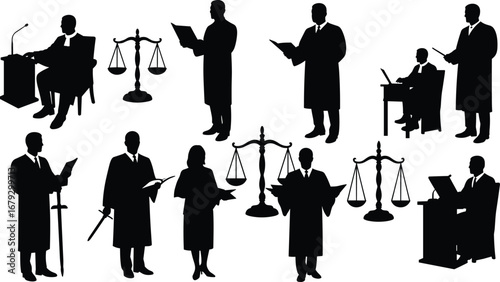 Silhouettes of judges, lawyers, reading legal documents, scales of justice, courtroom scenes, law professionals, legal system, justice symbols vector