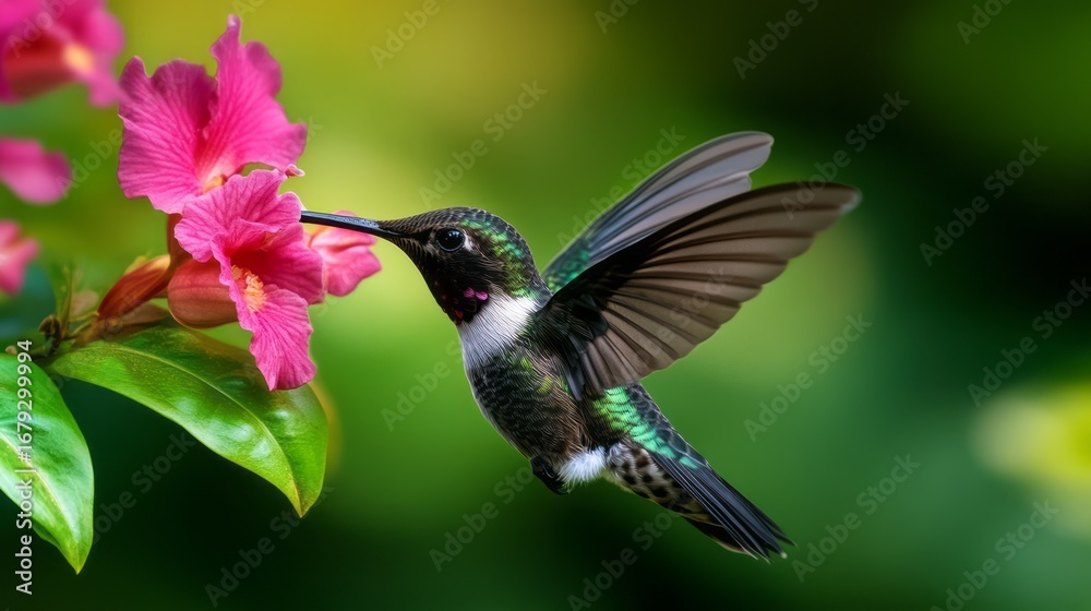 Fototapeta premium Colorful Hummingbird Feeding on Vibrant Tropical Flower in Lush Green Background