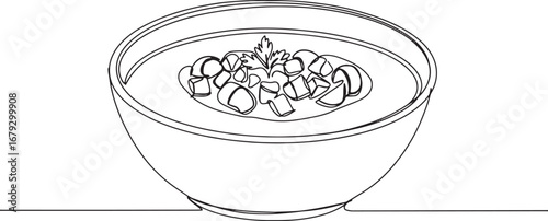 Elegant line drawing of refreshing summer gazpacho soup in bowl
