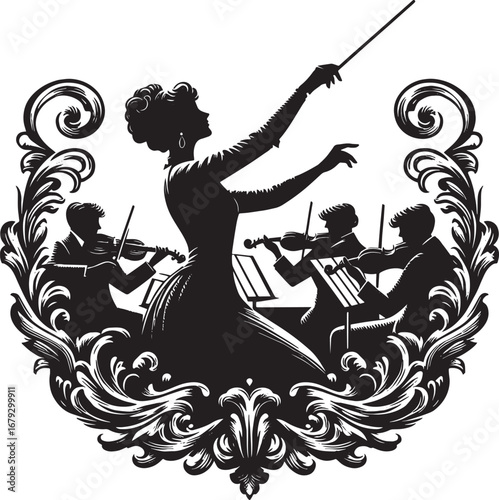 Elegant Black and White Illustration of a Female Orchestra Conductor Leading Musicians