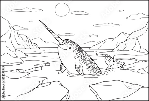 Narwhal in arctic waters among ice floes, a delightful coloring