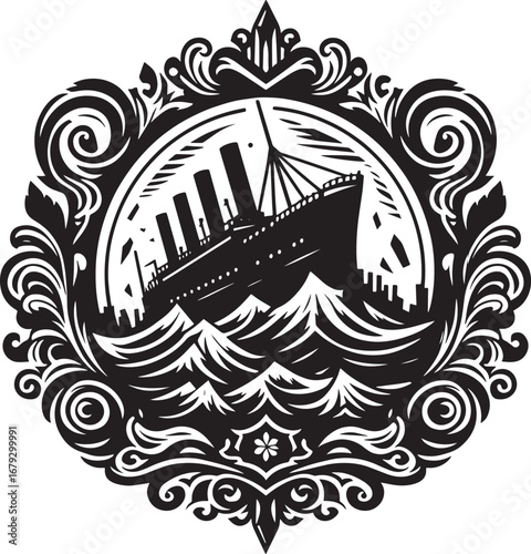 Elegant Artistic Depiction of a Historic Ship Amidst Waves in a Decorative Ornamental Frame